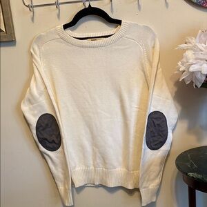 NWT Neo Blue LA Cream Sweater with Gray Elbow Patches Sz Small. All Cotton.